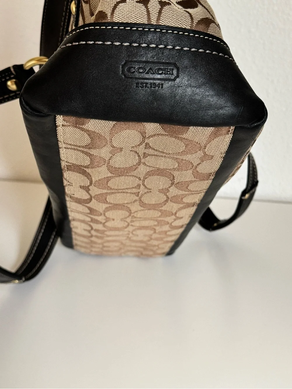 Coach Legacy Signature Double Turn Lock Tote F13131 Black Leather Jacquard